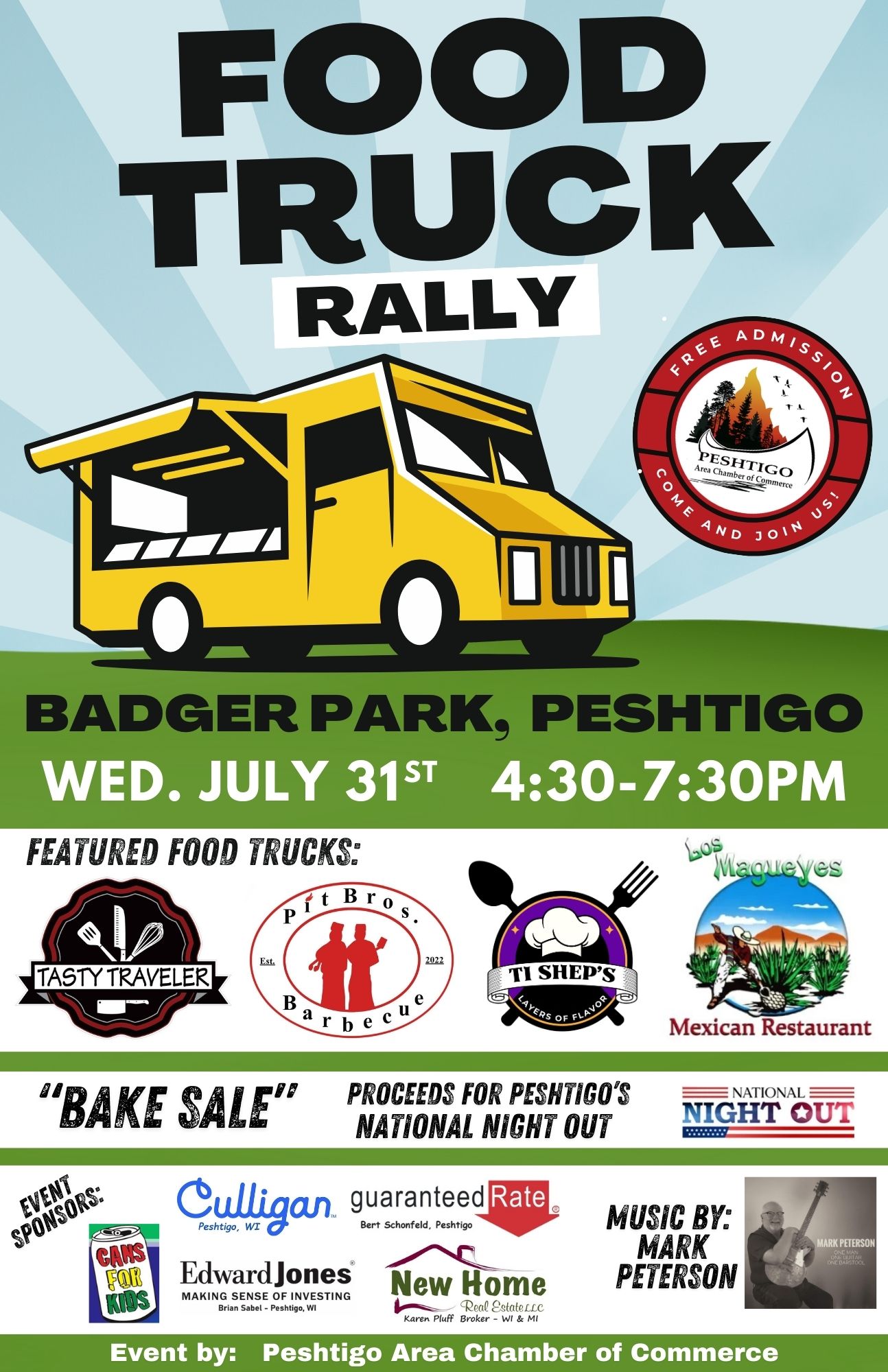 Food Truck Rally Poster - Badger Park, Peshtigo Wed July 31st 4:30 - 7:30 PM